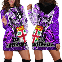 Fiji Australia Rugby Hoodie Dress Kangaroo and Palm Tree Purple Tapa Pattern Mix Aboriginal LT03 - Polynesian Pride