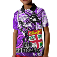 Fiji Australia Rugby Kid Polo Shirt Kangaroo and Palm Tree Purple Tapa Pattern Mix Aboriginal LT03 Kid Purple - Polynesian Pride