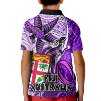 Fiji Australia Rugby Kid Polo Shirt Kangaroo and Palm Tree Purple Tapa Pattern Mix Aboriginal LT03 - Polynesian Pride