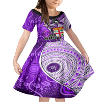 Fiji Australia Rugby Kid Short Sleeve Dress Kangaroo and Palm Tree Purple Tapa Pattern Mix Aboriginal LT03 KID Purple - Polynesian Pride