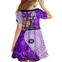 Fiji Australia Rugby Kid Short Sleeve Dress Kangaroo and Palm Tree Purple Tapa Pattern Mix Aboriginal LT03 - Polynesian Pride