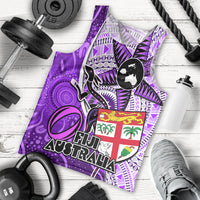 Fiji Australia Rugby Men Tank Top Kangaroo and Palm Tree Purple Tapa Pattern Mix Aboriginal LT03 Purple - Polynesian Pride