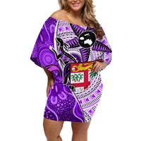 Fiji Australia Rugby Off Shoulder Short Dress Kangaroo and Palm Tree Purple Tapa Pattern Mix Aboriginal LT03 Women Purple - Polynesian Pride