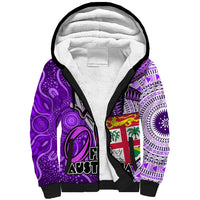 Fiji Australia Rugby Sherpa Hoodie Kangaroo and Palm Tree Purple Tapa Pattern Mix Aboriginal LT03 Unisex Purple - Polynesian Pride