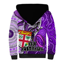 Fiji Australia Rugby Sherpa Hoodie Kangaroo and Palm Tree Purple Tapa Pattern Mix Aboriginal LT03 - Polynesian Pride