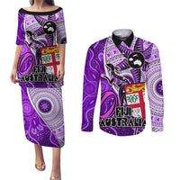 Personalised Fiji Australia Rugby Couples Matching Puletasi Dress and Long Sleeve Button Shirts Kangaroo and Palm Tree Purple Tapa Pattern Mix Aboriginal LT03 Purple - Polynesian Pride