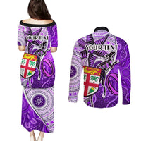 Personalised Fiji Australia Rugby Couples Matching Puletasi Dress and Long Sleeve Button Shirts Kangaroo and Palm Tree Purple Tapa Pattern Mix Aboriginal LT03 - Polynesian Pride