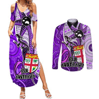 Personalised Fiji Australia Rugby Couples Matching Summer Maxi Dress and Long Sleeve Button Shirts Kangaroo and Palm Tree Purple Tapa Pattern Mix Aboriginal LT03 Purple - Polynesian Pride