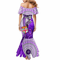 Personalised Fiji Australia Rugby Mermaid Dress Kangaroo and Palm Tree Purple Tapa Pattern Mix Aboriginal LT03 - Polynesian Pride