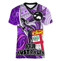 personalised-fiji-australia-rugby-women-v-neck-t-shirt-kangaroo-and-palm-tree-purple-tapa-pattern-mix-aboriginal