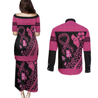 Breast Cancer Awareness Couples Matching Puletasi and Long Sleeve Button Shirt Think Pink Polynesian Ribbon and Butterfly LT03 - Polynesian Pride