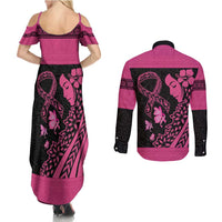 Breast Cancer Awareness Couples Matching Summer Maxi Dress and Long Sleeve Button Shirt Think Pink Polynesian Ribbon and Butterfly LT03 - Polynesian Pride