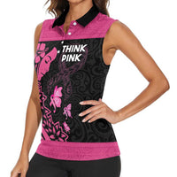Breast Cancer Awareness Women Sleeveless Polo Shirt Think Pink Polynesian Ribbon and Butterfly