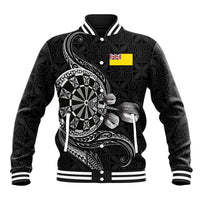 Personalised Niue Darts Masters Baseball Jacket Tribal Hiapo Dartboard LT03 Unisex Black - Polynesian Pride