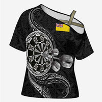 Personalised Niue Darts Masters Cross Shoulder Shirt Tribal Hiapo Dartboard LT03 Female Black - Polynesian Pride