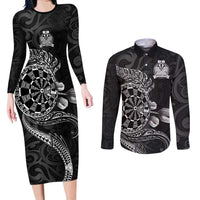 Personalised New Zealand Aotearoa Darts Masters Couples Matching Long Sleeve Bodycon Dress and Long Sleeve Button Shirt Tribal Silver Fern and Ta Moko Dartboard - Polynesian Pride