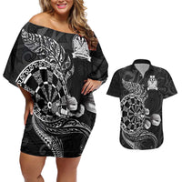 Personalised New Zealand Aotearoa Darts Masters Couples Matching Off Shoulder Short Dress and Hawaiian Shirt Tribal Silver Fern and Ta Moko Dartboard - Polynesian Pride