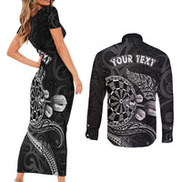 Personalised New Zealand Aotearoa Darts Masters Couples Matching Short Sleeve Bodycon Dress and Long Sleeve Button Shirt Tribal Silver Fern and Ta Moko Dartboard - Polynesian Pride