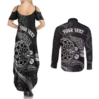 Personalised New Zealand Aotearoa Darts Masters Couples Matching Summer Maxi Dress and Long Sleeve Button Shirt Tribal Silver Fern and Ta Moko Dartboard - Polynesian Pride