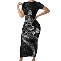 Personalised New Zealand Aotearoa Darts Masters Short Sleeve Bodycon Dress Tribal Silver Fern and Ta Moko Dartboard - Polynesian Pride