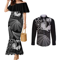 Personalised New Zealand Aotearoa Darts Masters Couples Matching Mermaid Dress and Long Sleeve Button Shirt Silver Fern and Maori Spirit - Polynesian Pride