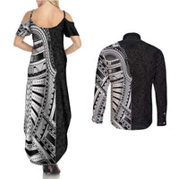 Traditional Polynesian Art Tattoos Couples Matching Summer Maxi Dress and Long Sleeve Button Shirt Black Color LT03 - Polynesian Pride