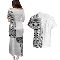 Traditional Polynesian Art Tattoos Couples Matching Puletasi and Hawaiian Shirt White Color LT03 - Polynesian Pride