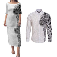 Traditional Polynesian Art Tattoos Couples Matching Puletasi and Long Sleeve Button Shirt White Color LT03 White - Polynesian Pride