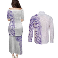 Traditional Polynesian Art Tattoos Couples Matching Puletasi and Long Sleeve Button Shirt Purple Color LT03 - Polynesian Pride