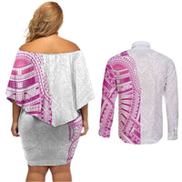 Traditional Polynesian Art Tattoos Couples Matching Off Shoulder Short Dress and Long Sleeve Button Shirt Pink Color LT03 - Polynesian Pride