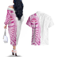 Traditional Polynesian Art Tattoos Couples Matching Off The Shoulder Long Sleeve Dress and Hawaiian Shirt Pink Color - Polynesian Pride