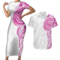 Traditional Polynesian Art Tattoos Couples Matching Short Sleeve Bodycon Dress and Hawaiian Shirt Pink Color - Polynesian Pride