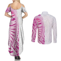 Traditional Polynesian Art Tattoos Couples Matching Summer Maxi Dress and Long Sleeve Button Shirt Pink Color LT03 - Polynesian Pride