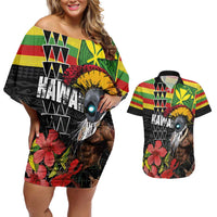 Kanaka Maoli Ikaika Warrior Couples Matching Off Shoulder Short Dress and Hawaiian Shirt Hibiscus Kakau Art and Tapa Tribal Pattern