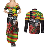 Kanaka Maoli Ikaika Warrior Couples Matching Summer Maxi Dress and Long Sleeve Button Shirt Hibiscus Kakau Art and Tapa Tribal Pattern