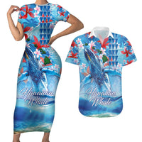 Hawaiian Waves Whale Couples Matching Short Sleeve Bodycon Dress and Hawaiian Shirt Kakau Art and Tropical Red Hibiscus Flowers