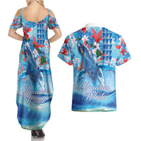 Hawaiian Waves Whale Couples Matching Summer Maxi Dress and Hawaiian Shirt Kakau Art and Tropical Red Hibiscus Flowers