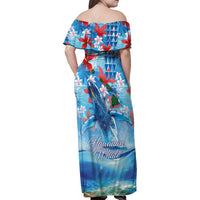 Hawaiian Waves Whale Family Matching Off Shoulder Maxi Dress and Hawaiian Shirt Kakau Art and Tropical Red Hibiscus Flowers