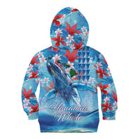 Hawaiian Waves Whale Kid Hoodie Kakau Art and Tropical Red Hibiscus Flowers