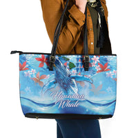 Hawaiian Waves Whale Leather Tote Bag Kakau Art and Tropical Red Hibiscus Flowers