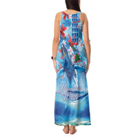 Hawaiian Waves Whale Tank Maxi Dress Kakau Art and Tropical Red Hibiscus Flowers
