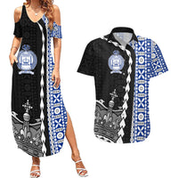 Fiji Queen Victoria School Couples Matching Summer Maxi Dress and Hawaiian Shirt Tapa and Polynesian Tribal Pattern Half Style LT03 Black - Polynesian Pride