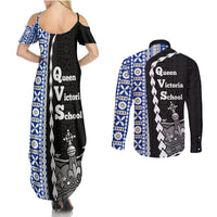 Fiji Queen Victoria School Couples Matching Summer Maxi Dress and Long Sleeve Button Shirt Tapa and Polynesian Tribal Pattern Half Style LT03 - Polynesian Pride