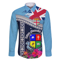 Fiji Lelean Memorial School Family Matching Off Shoulder Long Sleeve Dress and Hawaiian Shirt Tapa and Polynesian Tribal Pattern LT03 Dad's Shirt - Long Sleeve Blue - Polynesian Pride