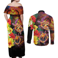 Hawaiian Sea Animals Love Couple Couples Matching Off Shoulder Maxi Dress and Long Sleeve Button Shirt Aloha Sunset Symphony LT03 - Polynesian Pride