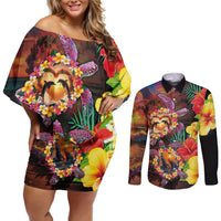 Hawaiian Sea Animals Love Couple Couples Matching Off Shoulder Short Dress and Long Sleeve Button Shirt Aloha Sunset Symphony LT03 Black - Polynesian Pride
