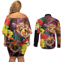 Hawaiian Sea Animals Love Couple Couples Matching Off Shoulder Short Dress and Long Sleeve Button Shirt Aloha Sunset Symphony LT03 - Polynesian Pride