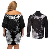 Hawaii Valentine Day Couples Matching Off Shoulder Short Dress and Long Sleeve Button Shirt Polynesian Line Art Love Couple Hibiscus Tribal Pattern LT03 - Polynesian Pride