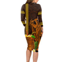 Hawaii Tiki Mask Cocktail Long Sleeve Bodycon Dress Kakau Tattoo LT03 - Polynesian Pride