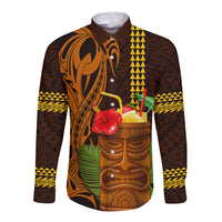 Hawaii Tiki Mask Cocktail Long Sleeve Button Shirt Kakau Tattoo LT03 Unisex Brown - Polynesian Pride